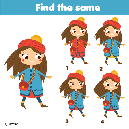 Find the same pictures children educational game. Find two identical cute girls. Fun page for kids and toddlersのイラスト素材