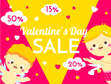 Valentines day sale banner with cute cartoon Cupids characters. Promo background for seasonal offer. Advertisement flyer templateのイラスト素材