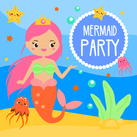 Children and kids holiday party invitation template with cute mermaid in cartoon styleのイラスト素材