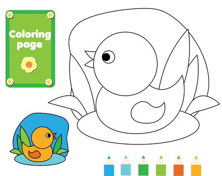Coloring page for kids. Duck in water. Drawing game activity. Printable fun for toddlers and children. Animals themeのイラスト素材