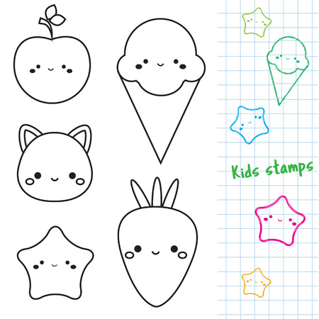Cute characters outline icons. ice cream, cat, star. Stamps for kids and children.のイラスト素材