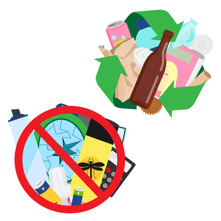 What can be and can't be recycled vector illustration. Recycling symbol with different trash inside. Waste sorting labels, signsのイラスト素材