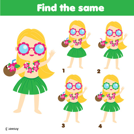 Children educational game. Find two same pictures. Summer holidays theme activity fun page for toddlers and babiesのイラスト素材