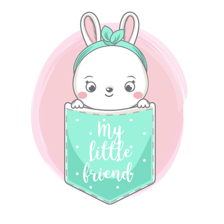 Cute fashion bunny sit in pocket. Baby rabbit, hare looking out and typography my little friend.のイラスト素材