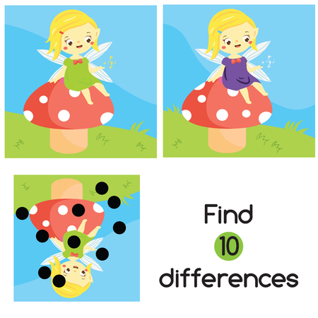Find the differences. Educational children game. Activity for pre school years kids. Cute fairy sit on mushroomのイラスト素材