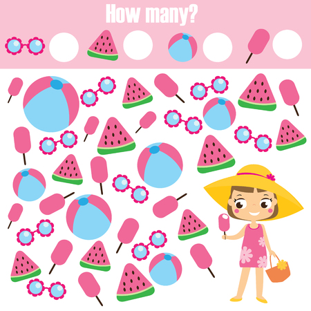 Counting educational children game. Study math, numbers, addition for preschool. Summer holidays theme kids mathematics activityのイラスト素材