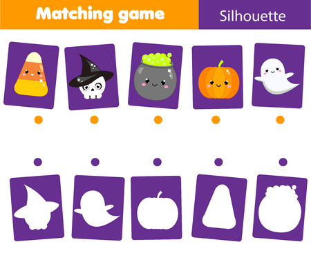 Shadow Matching game. Match objects with silhouette. Educational kids activity. Halloween theme fun page for toddlers.のイラスト素材