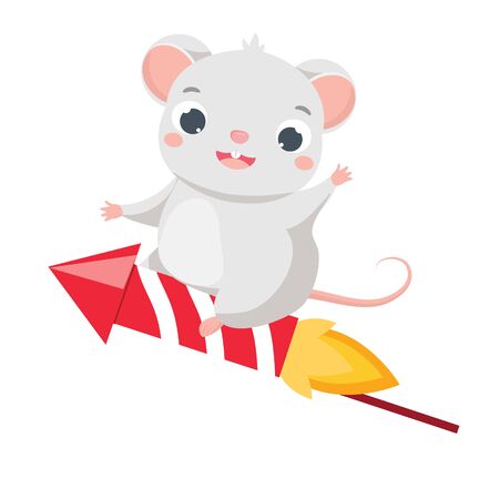 Cartoon mouse. Cute rat sit on firework. Symbol of 2020 chinese calendar.のイラスト素材