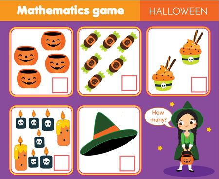 Counting educational children game. How many objects. Study math, numbers, addition for preschool. Halloween theme kids mathematics activityのイラスト素材