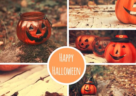 Halloween theme collage. Funny pumpkins spooky faces. Greeting card, party flyer design. Seasonal moodboardの写真素材