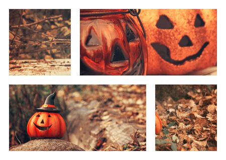 Halloween collage. Funny pumpkins smile. Fall moodboard. Greeting card, party flyer designの写真素材