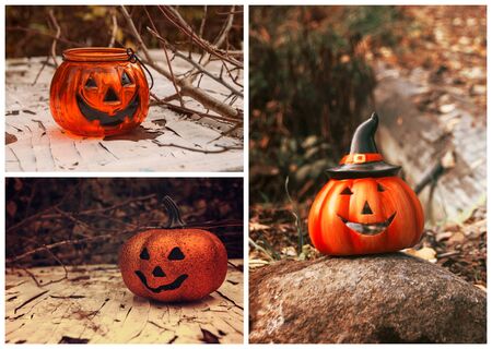 Halloween theme collage. Funny pumpkins spooky faces. Seasonal moodboard. Greeting card, party flyer designの写真素材