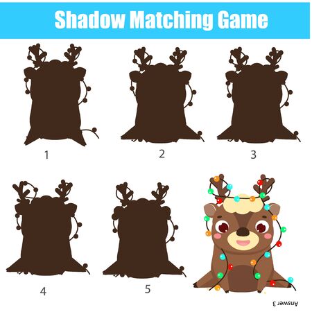 Shadow matching game. Kids activity with Christams deer. New year holidays theme fun page for toddlers.のイラスト素材