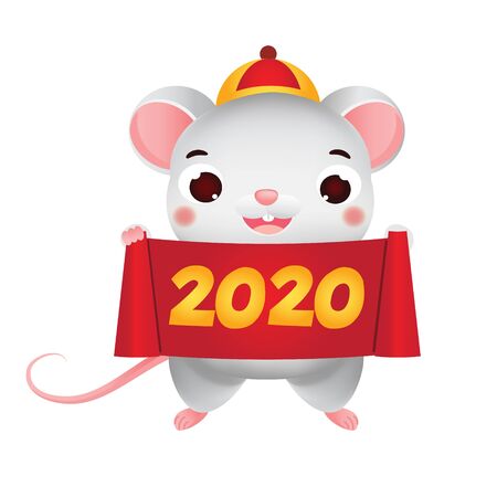 rat hold scroll with 2020 symbol. Chinese new year mouse characterのイラスト素材