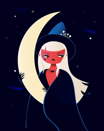 Beautiful witch in mantle and hat hold Moon. Mystic dark illistrationのイラスト素材