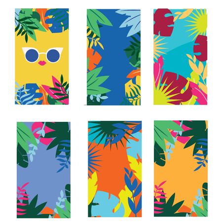 Colorful summer banners and frames with tropical plants, jungle leaves and fashion sunglasses. Social media design templatesのイラスト素材