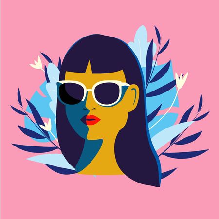 Fashion woman in sunglasses. glamourous girl in flowers. Fashionable female portrait for prints, cardsのイラスト素材