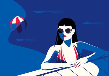 Fashion woman in sunglasses. glamourous girl in swimming pool. Fashionable female in swimwear relax in waterのイラスト素材