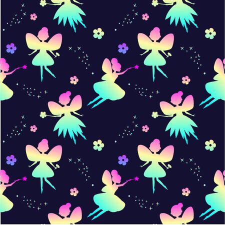 rainbow fairy silhouettes and flowers. Vector pattern. Magic background for fantasy designのイラスト素材