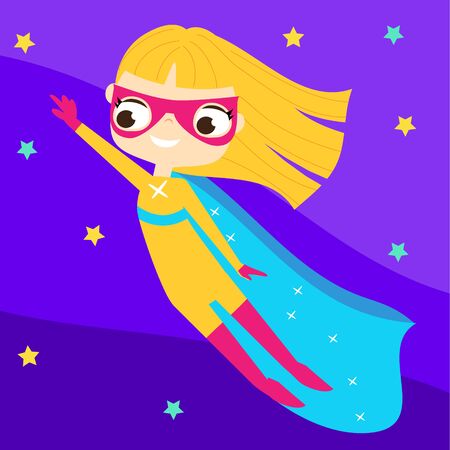 Superhero girl. Super kid. Child wearing fantasy costume fly in night sky. Cartoon illustrationのイラスト素材