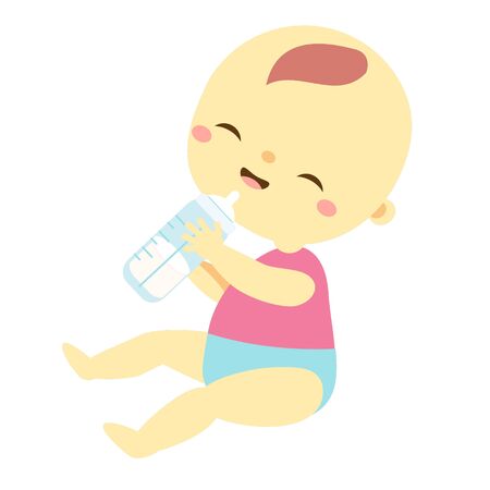 baby sit and eat. toddler have food. Newborn child formula feeding, Little kid with bottle. vector clip artのイラスト素材