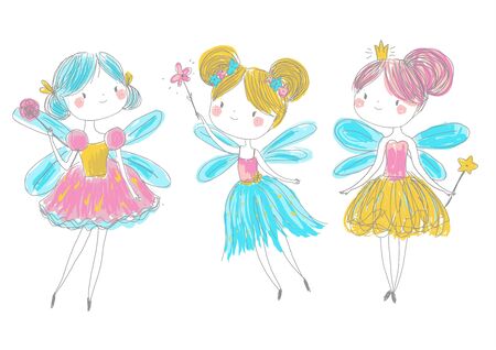 Cute fairy friends in hand drawn style. Cartoon fairy princess with magic wands. Pixie, elf girls setのイラスト素材