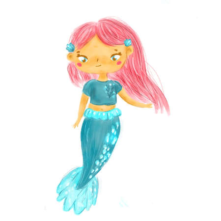 Cute mermaid in t-shirt. Watercolor style illustration for fashion prints, kids clothes and other designの写真素材