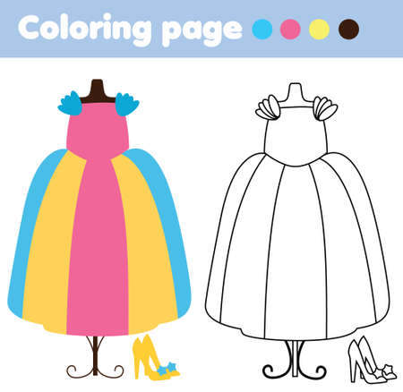 Coloring page with fashionable dress. Drawing kids activity. Printable fun for toddlers and children.のイラスト素材