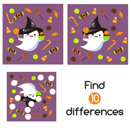 Halloween ghosts with candy and sweets. Find the differences educational children game. Kids activity fun pageのイラスト素材