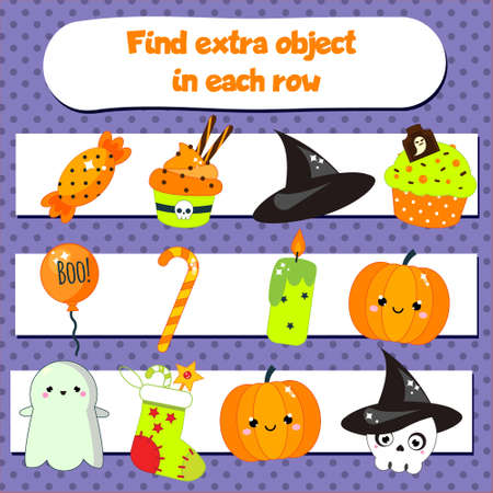 Educational children game for kids and toddlers. What does not fit logic game. Find odd one, extra object. Halloween themeのイラスト素材