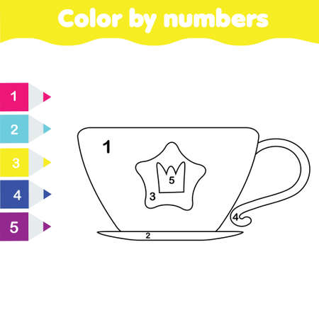 princess cup of tea. coloring page for kids. Educational children game for elementary level. Color by numbers for pre school ageのイラスト素材