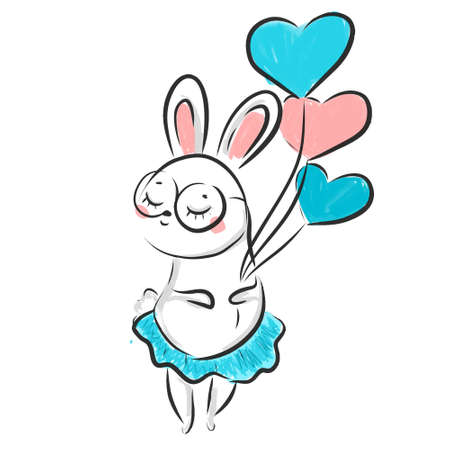 Bunny girl wearing skirt with balloons. Cute rabbit. Sweet Hare. Cartoon animal face for kids, toddlers and babies fashionのイラスト素材
