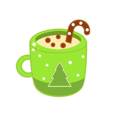 Christmas drink in cozy mug. Cup of hot cocoa with candy cane and cookie for New Year menu and other design. vector clip artのイラスト素材