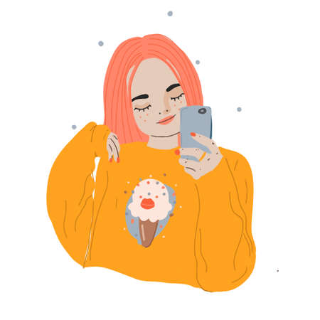 Cartoon girl making selfie with smart phone. Modern young pink hair female with phone. Vector flat illustration.のイラスト素材