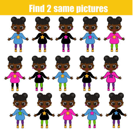 Children educational game. Find two same pictures of Cute black girls. Activity fun page for toddlers and babiesのイラスト素材