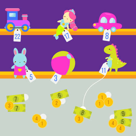 Mathematics educational children activity. Study counting and money for kids and preschool. Toy shop gameのイラスト素材