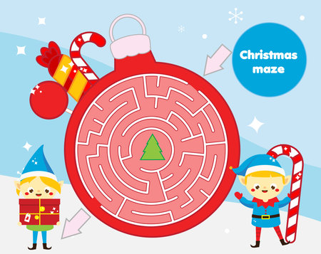 Christmas Maze game for children. New year labyrinth theme kids activity sheet with funny elfのイラスト素材