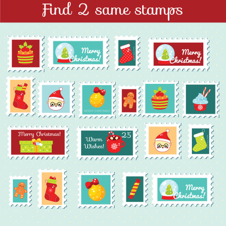 children educational game. Find the same pictures. Find two identical Christmas stamps. New year theme fun for kids and toddlers.のイラスト素材