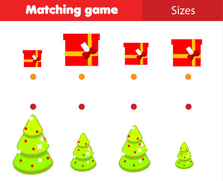 Match by size educational children game. Connect gifts and Christmas spruce. New Year holidays activity for kidsのイラスト素材
