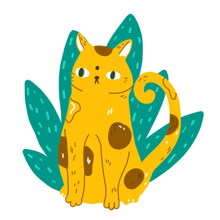 Funny cartoon wild cat sit in jungle leaves. Modern flat style pet vector illustrationのイラスト素材