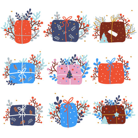 Christmas presents. Set of New Year giftbox. Collection of Winter holidays gifts decorated with berries, branches, leaves for seasonal celebrationのイラスト素材