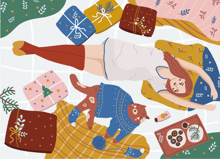 Girl relax in bed with her cat surrounded with New Year gifts. Winter holidays illustration. Female enjoy Cozy home Christmas celebrationのイラスト素材