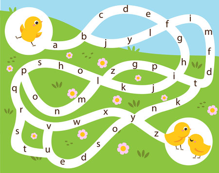Alphabet Maze puzzle to help chicken find way to friends.のイラスト素材