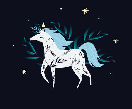 Illustration with white magic princess horse. Dark mystic fairy poster. Fantasy cardのイラスト素材
