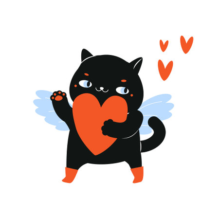 Cartoon black cat with big heart in paws. Cupid cat character for St Valentine's day themeのイラスト素材