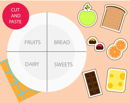 Food sorting educational children game. Cut and glue and Put meal on plate. sorter activity activity for kidsのイラスト素材
