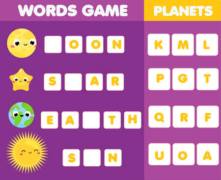 Educational game for children. Word puzzle kids activity. Space and planets learning fun for toddlersのイラスト素材
