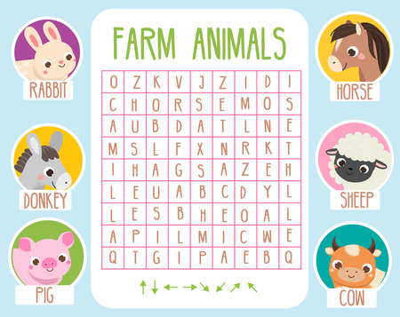 Educational game for children. Word search puzzle. Learn farm animals for kids and toddlers.のイラスト素材
