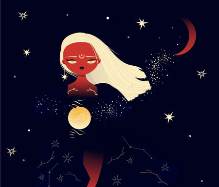Beautiful witch in mantle walking in starry moon night. Mystic illistration of magician femaleのイラスト素材
