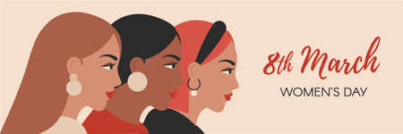 Vector banner for Women's Day. 8 march international womens day flyer design with female portraits...